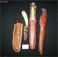 Hunting Knives with leather sheaths; 4 total