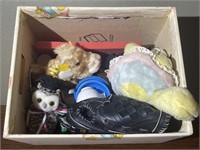 Box of Stuffed Animals, Toys, and Wooden Blocks