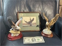 2 Porcelain Eagle Figurines and Framed Eagle