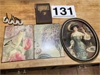 Set of old caster weels, Book and (3) tin pictures