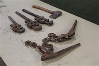 (2) Chain Binders, (3) Pipe Wrenches & Axe