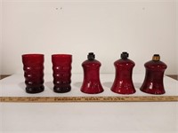 (2) Ruby Red Glasses & (3) Candle Sconces
