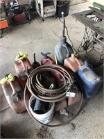 Assorted Gas Cans & Water Hose