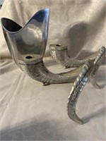 Ram horn candleholders and silver vase
