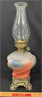 BEAUTIFUL ANTIQUE HAND PAINTED OIL LAMP W BRASS