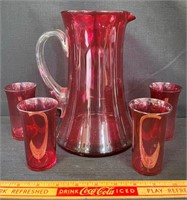 NICE CRANBERRY GLASS PITCHER AND TUMBLERS