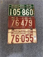 Set of three pair Maryland 1930-32 license plates