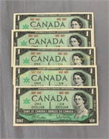 (5) 1967 Centennial one dollar notes, (5) billets