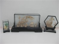3 Carved Wood Asian Dioramas - Wood & Glass Cases
