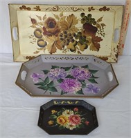 3 Floral Painted Metal Serving Trays