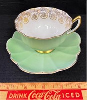 DESIRABLE SHELLEY GREEN & GOLD CUP & SAUCER