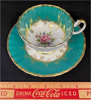 LOVELY AYNSLEY TEAL AND GOLD CUP & SAUCER