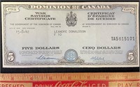 1942 DOMINION OF CANADA $5 WAR SAVINGS BOND