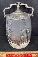 NICE VICTORIAN HAND PAINTED GLASS BISCUIT JAR