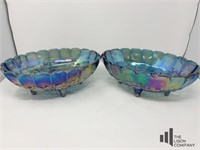 Pair Of Blue Carnival Glass Footed Bowls