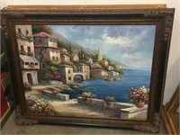 Fancy Italian Amalfi Coast Oil on Canvas Painting