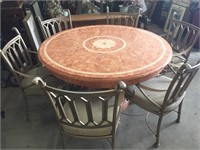Italian Peach Marble Inlay Dining Table & Chairs