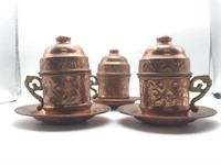 Antique Turkish Copper Lidded Teacups & Plates Set