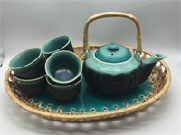 Chinese Celadon & Wicker Tea Set w/ Platter Base