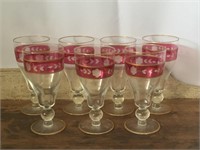 7pc Vintage Cranberry Etched Czech Glasses