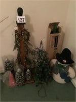 Lot of Primitive Christmas Trees and Snowman