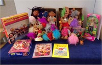 LARGE GROUP OF TROLL DOLLS, BARBIE, PUZZLES ETC.