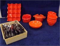 GROUP OF ORANGE POTTERY DISHWARE AND.....