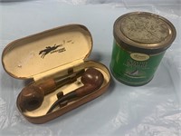 SET OF ANTIQUE WOOD PIPES AND SAIL TOBACCO TIN