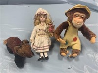 GROUP OF EARLY STUFFED TOYS / DOLL FOX MONKEY
