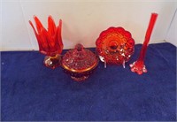 (4) RED GLASS ITEMS-BUD VASE, COVERED CANDY DISH..