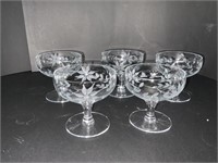 5 ETCHED CHAMPAGNE GLASSES