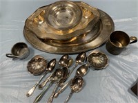 LARGE GROUP OF SILVER PLATE / PLATTER / SPOONS