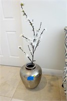 Silver Metal Vase With Faux Cherry Blossom Stem