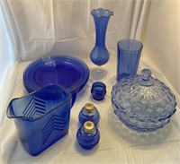 Blue glass plates, candy dish, small pitcher,