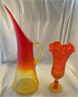 Amberina Crackle glass pitcher, fluted vase