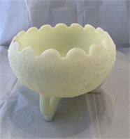 Fenton Vaseline three footed dish with fluted top
