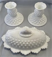 Milk hobnail candle sticks and butter dish as is