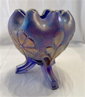 Unique cobalt blue three footed pressed vase with