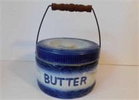 Blue & white butter crock w/ wood & wire handle,