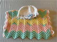 Crocheted baby blanket and hat