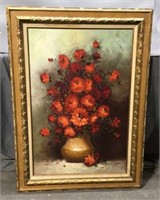 Oil On Canvas Red Flower Vase Framed Art