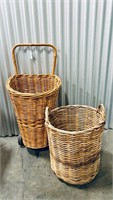 Woven Laundry Baskets (2) One w/Wheels & Handle