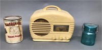 Vintage Radio, Mason Jar & Clabber Girl Tin
