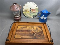 Serving Tray, Wall Mount Oil Lamp, Painted Saw