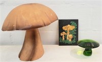 More mushrooms! Heavy green glass, 12" tan plastic