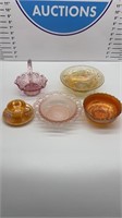 6 pieces of carnival and depression glass