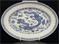 CHINESE BLUE/WHITE DRAGON RICE PATTERN TRAY