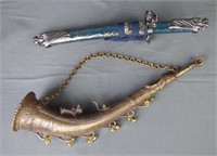 Brass Hunting Horn & Small Samurai Sword w/ Dragon