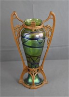 Art Nouveau Green Glass Vase w Handles Loetz Style