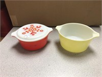 Two Pyrex dishes - Red w/ birds on lid & yellow